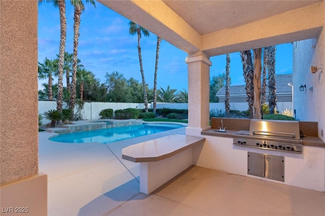 view of swimming pool featuring a fenced backyard, area for grilling, and a patio