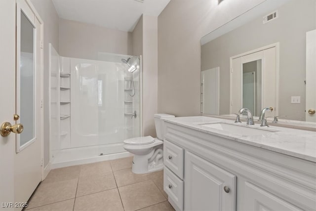 full bath with visible vents, toilet, a walk in shower, tile patterned flooring, and vanity