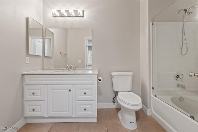 full bathroom with toilet, tile patterned flooring, baseboards, bathtub / shower combination, and vanity