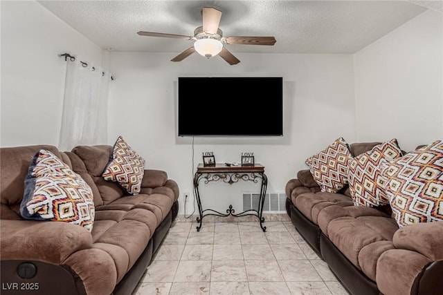 living room featuring a ceiling fan, visible vents, and a textured ceiling