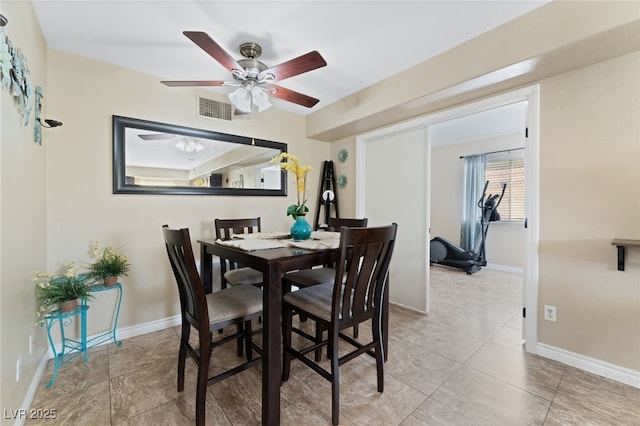 dining area with tile patterned floors, baseboards, visible vents, and ceiling fan