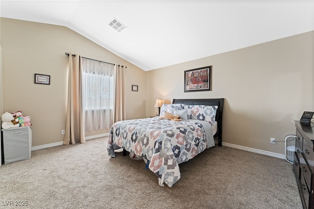 bedroom with visible vents, baseboards, carpet, and vaulted ceiling