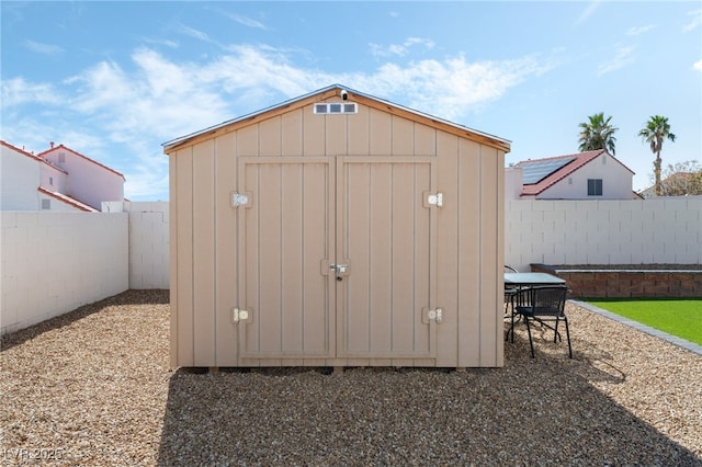 view of shed featuring a fenced backyard