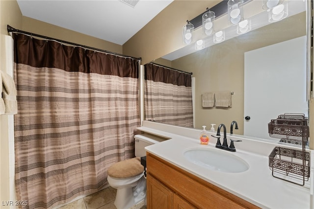 bathroom with tile patterned floors, toilet, a shower with shower curtain, and vanity