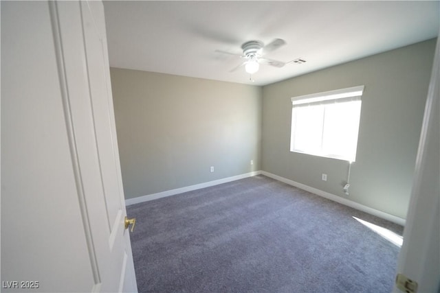 empty room with visible vents, ceiling fan, baseboards, and carpet floors