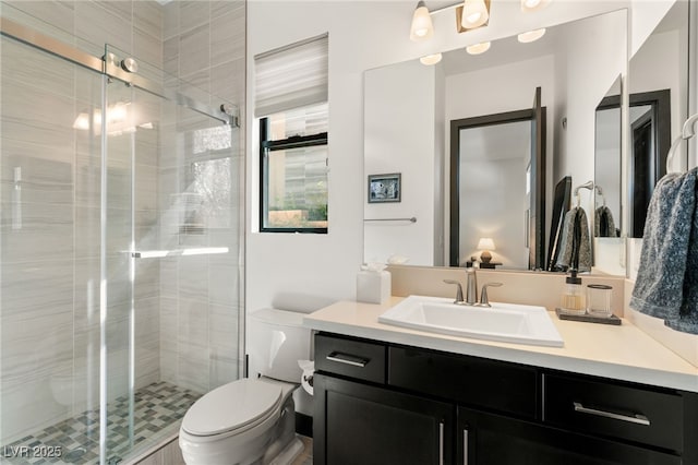 bathroom featuring toilet, a shower stall, and vanity