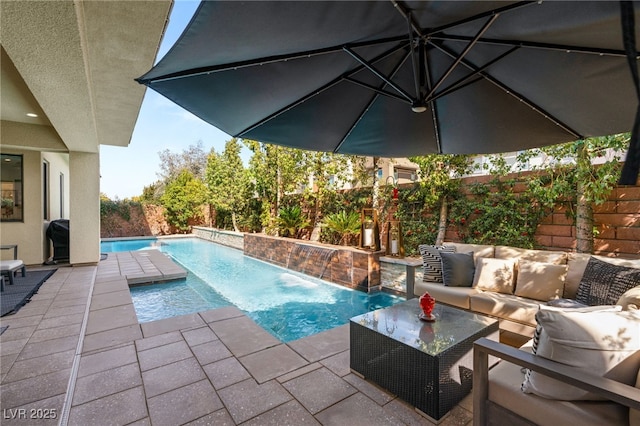 view of pool featuring grilling area, a fenced in pool, an outdoor hangout area, a fenced backyard, and a patio