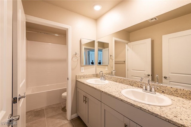 full bath featuring a sink, visible vents, toilet, and tile patterned flooring