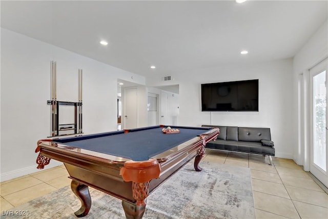 recreation room featuring light tile patterned flooring, visible vents, recessed lighting, and billiards