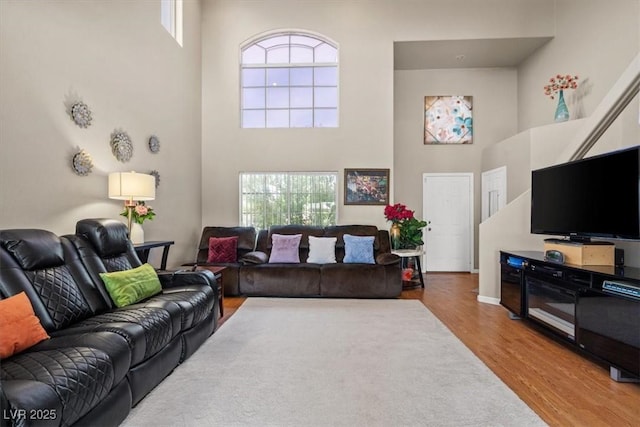 living area featuring a high ceiling and wood finished floors