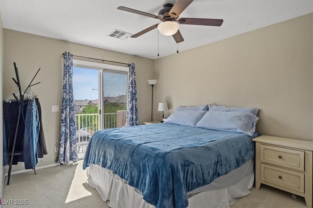 bedroom featuring visible vents, light carpet, a ceiling fan, access to outside, and baseboards