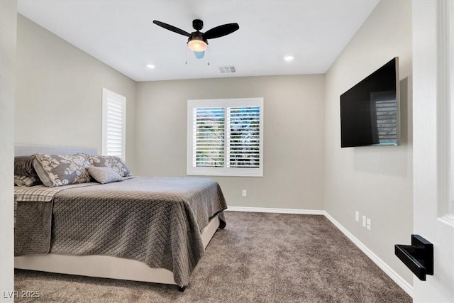 bedroom with visible vents, a ceiling fan, recessed lighting, carpet, and baseboards