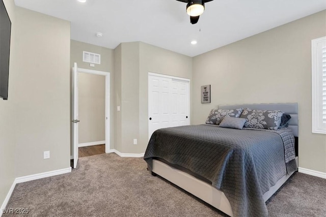 carpeted bedroom with recessed lighting, visible vents, ceiling fan, and baseboards