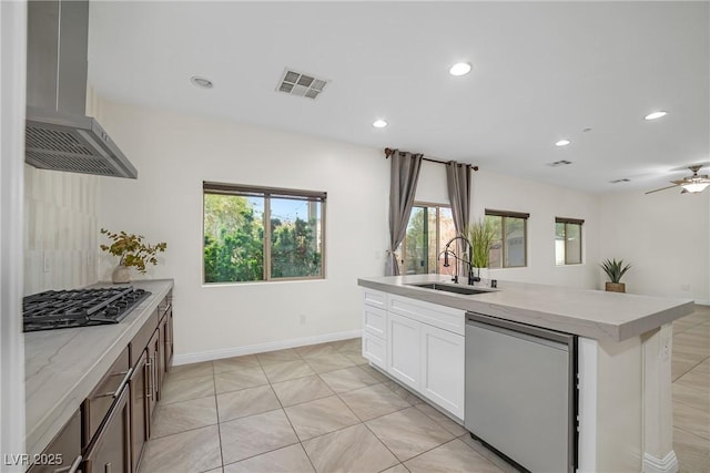 kitchen with visible vents, a sink, stainless steel dishwasher, gas stovetop, and ventilation hood