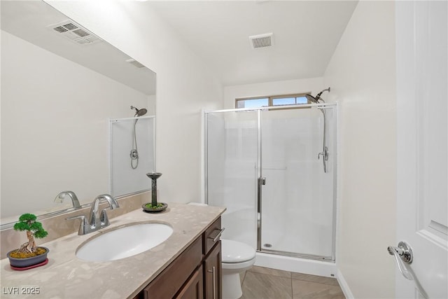 bathroom featuring visible vents, a shower stall, toilet, and vanity