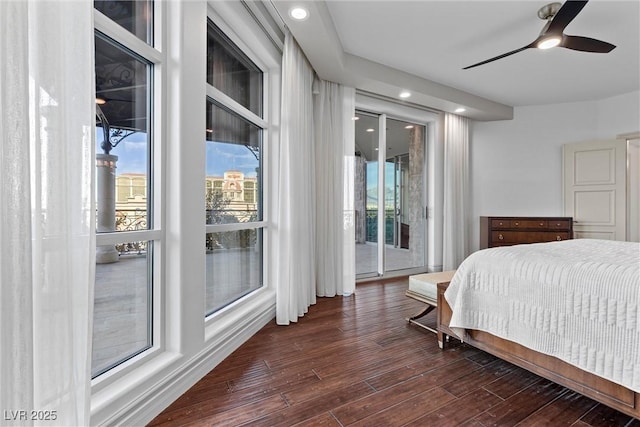 bedroom with access to exterior, dark wood-style floors, and ceiling fan