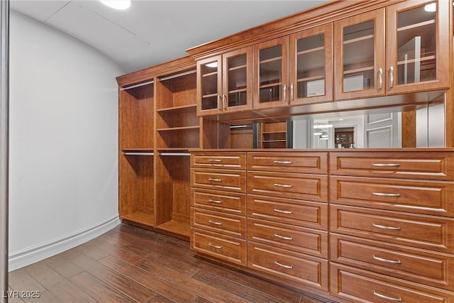 walk in closet featuring dark wood-type flooring