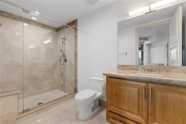 full bathroom with visible vents, vanity, toilet, and a shower stall