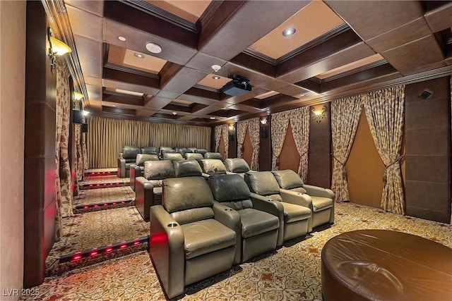 home theater with recessed lighting and coffered ceiling