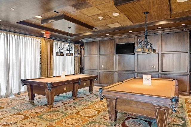 playroom with a raised ceiling, wooden walls, wood ceiling, and billiards