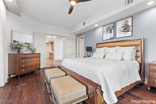 bedroom featuring visible vents, ceiling fan, and dark wood-style flooring