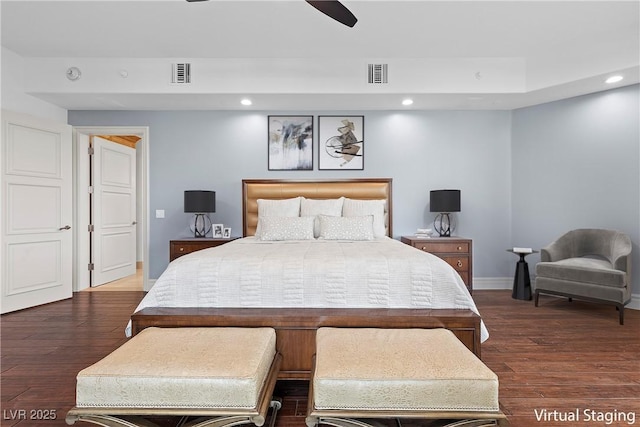 bedroom with visible vents, recessed lighting, and wood finished floors