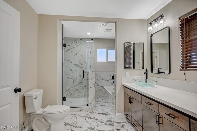 bathroom with a marble finish shower, visible vents, toilet, marble finish floor, and vanity