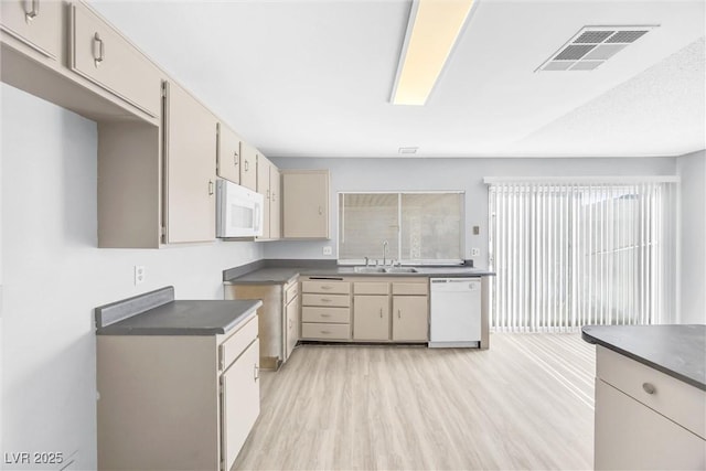 kitchen with visible vents, a sink, dark countertops, white appliances, and light wood finished floors