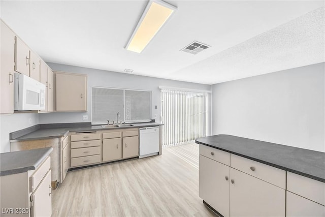 kitchen with dark countertops, visible vents, light wood-style floors, white appliances, and a sink