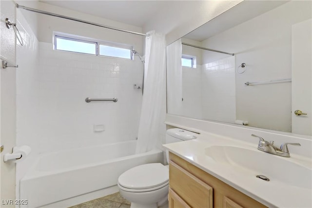 full bath featuring toilet, shower / bath combo, and vanity