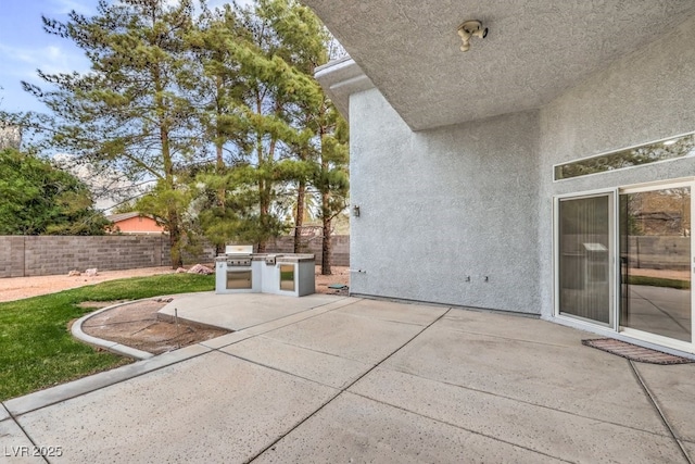 view of patio with a fenced backyard and an outdoor kitchen