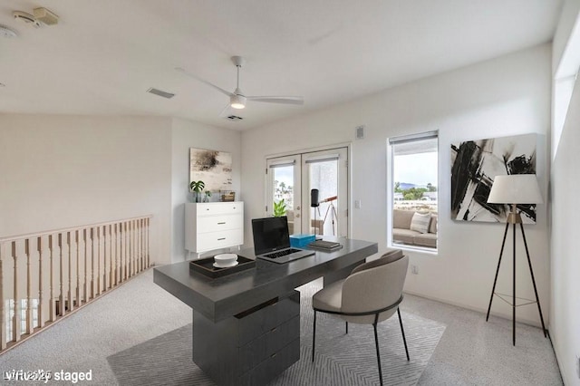 3710 E Oquendo Rd, Las Vegas, NV 89120 - office featuring a ceiling fan, dark speckled floor, and french doors