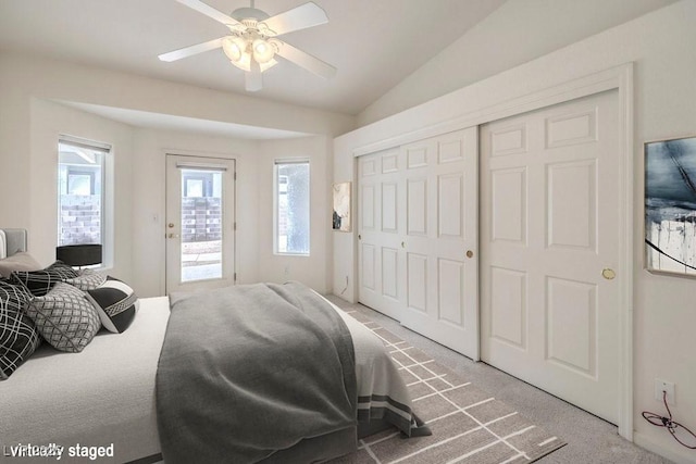 3710 E Oquendo Rd, Las Vegas, NV 89120 - carpeted bedroom with vaulted ceiling, a closet, access to exterior, and ceiling fan