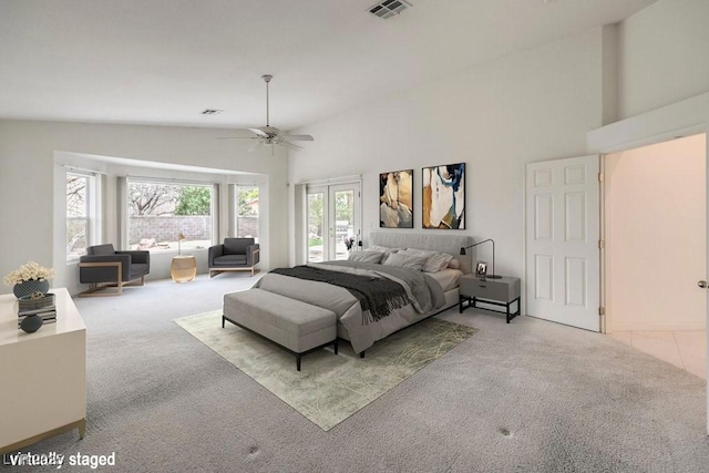 3710 E Oquendo Rd, Las Vegas, NV 89120 - bedroom with carpet floors, access to outside, ceiling fan, and high vaulted ceiling