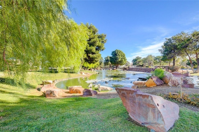 view of property's community with a water view and a lawn