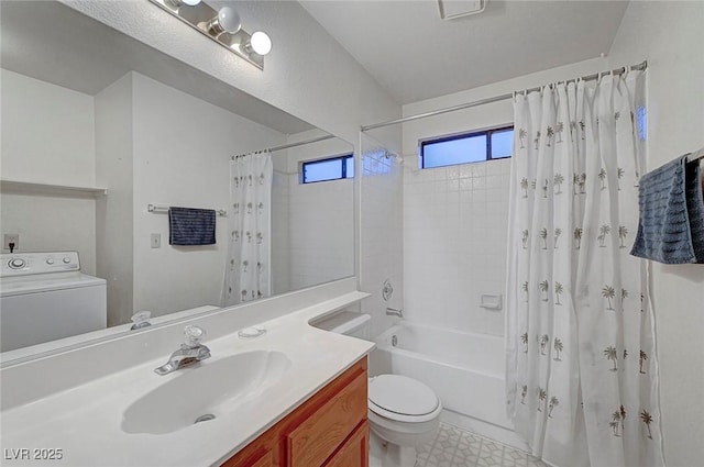 full bathroom featuring vanity, washer / dryer, shower / bath combination with curtain, and toilet