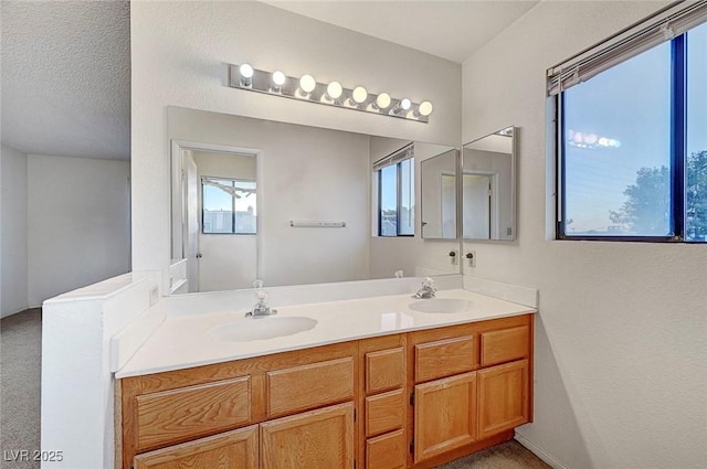 bathroom with a sink, a textured ceiling, and double vanity