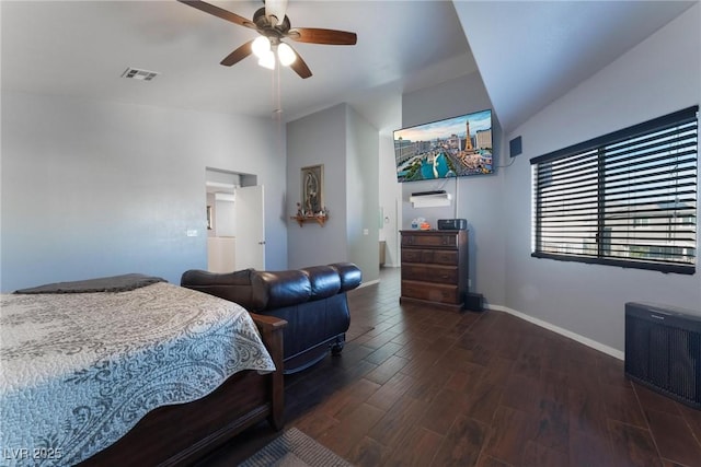 bedroom with visible vents, ceiling fan, baseboards, and wood finished floors