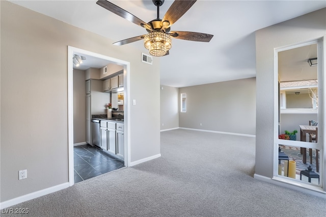 living room featuring visible vents, dark carpet, a ceiling fan, and baseboards