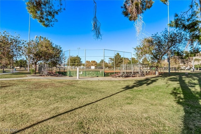 view of property's community featuring a lawn and fence