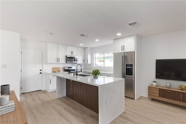 kitchen with a sink, visible vents, appliances with stainless steel finishes, and white cabinets