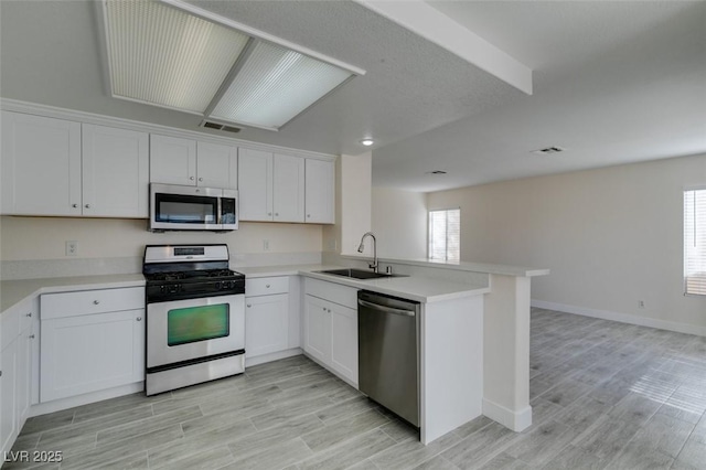 kitchen with a sink, stainless steel appliances, plenty of natural light, and a peninsula