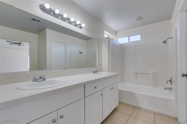 full bathroom with tile patterned flooring, visible vents, bathing tub / shower combination, and a sink