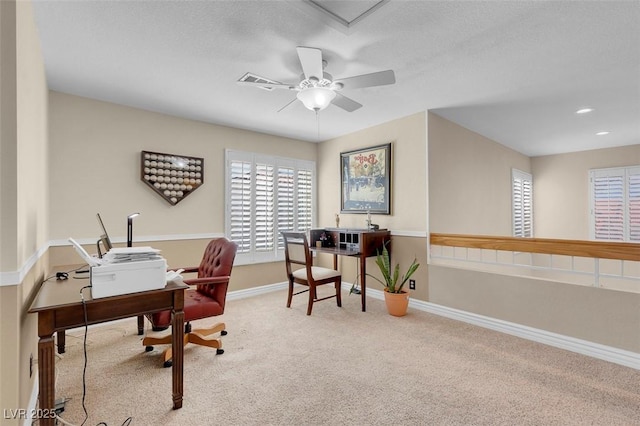 carpeted home office with recessed lighting, a textured ceiling, a ceiling fan, and baseboards