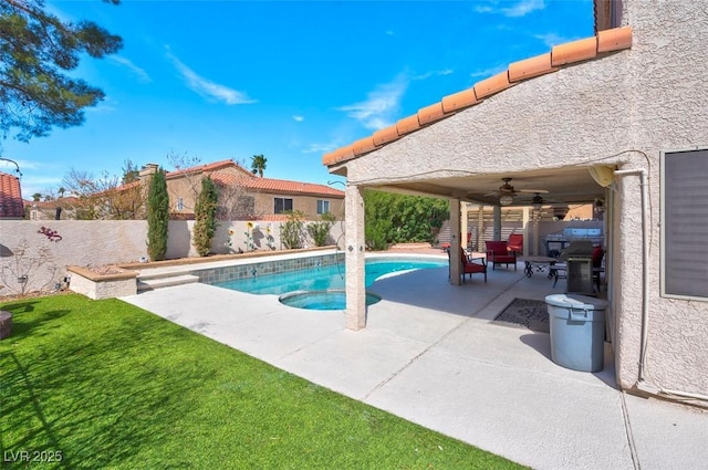 view of swimming pool featuring a fenced backyard, a ceiling fan, a patio, and a fenced in pool