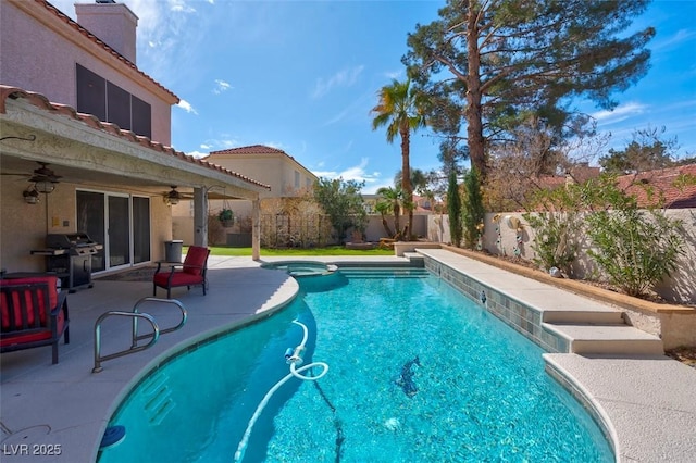 view of swimming pool with a fenced backyard, grilling area, a patio area, ceiling fan, and a pool with connected hot tub