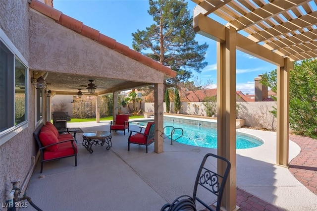 view of patio featuring a fenced in pool, a fenced backyard, a pergola, a ceiling fan, and grilling area