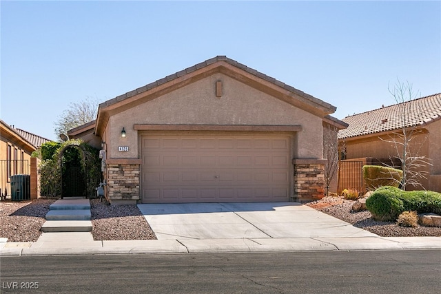 view of front facade with stucco siding, stone siding, concrete driveway, and an attached garage