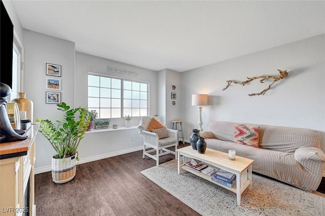 living area with baseboards and wood finished floors