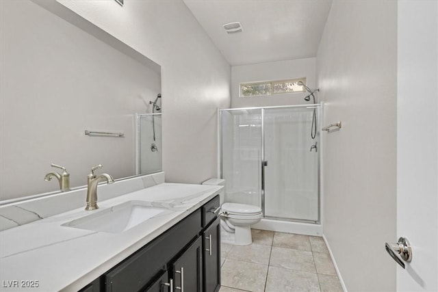 full bathroom with tile patterned flooring, visible vents, a shower stall, toilet, and vanity